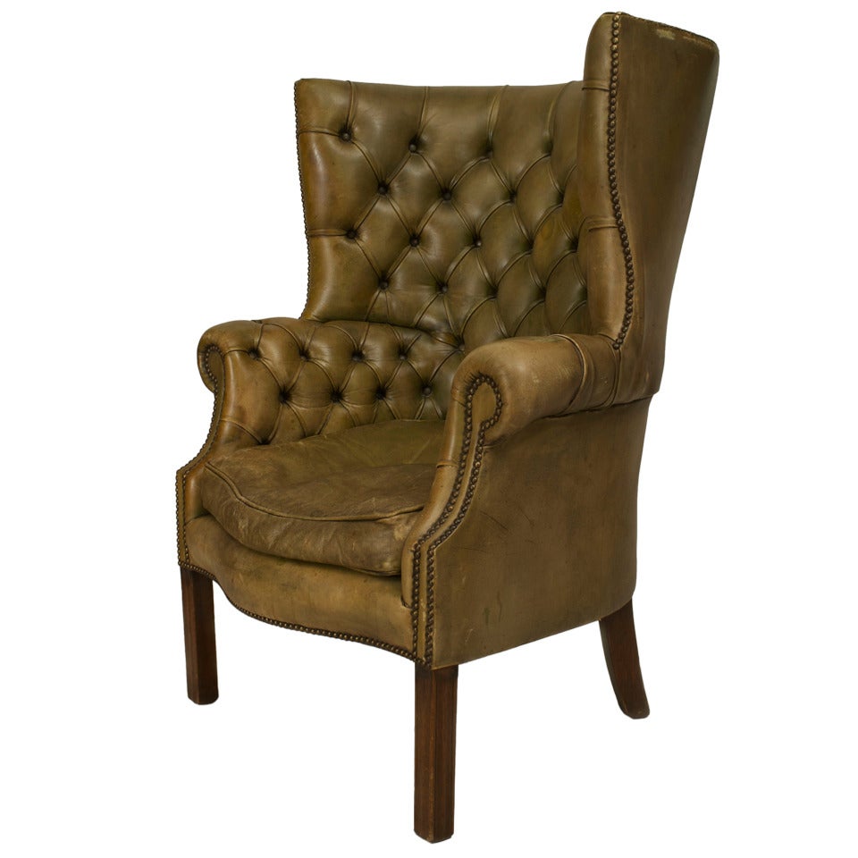 19th Century Tufted Green Leather Wing Chair at 1stDibs