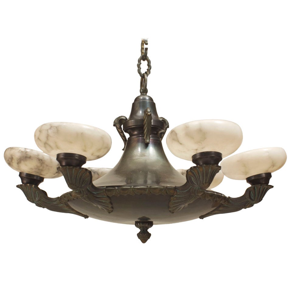 French Victorian Green Tole and Alabaster Chandelier