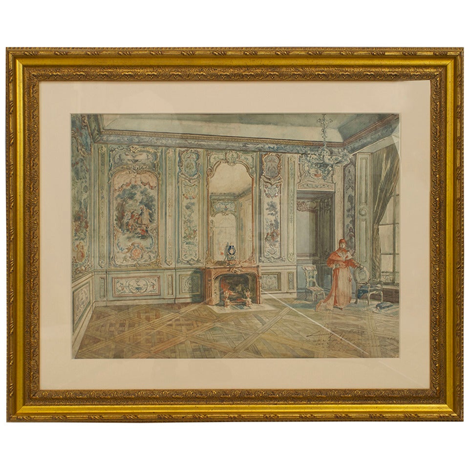 19th c. Venetian Gold-Framed Watercolor Painting For Sale
