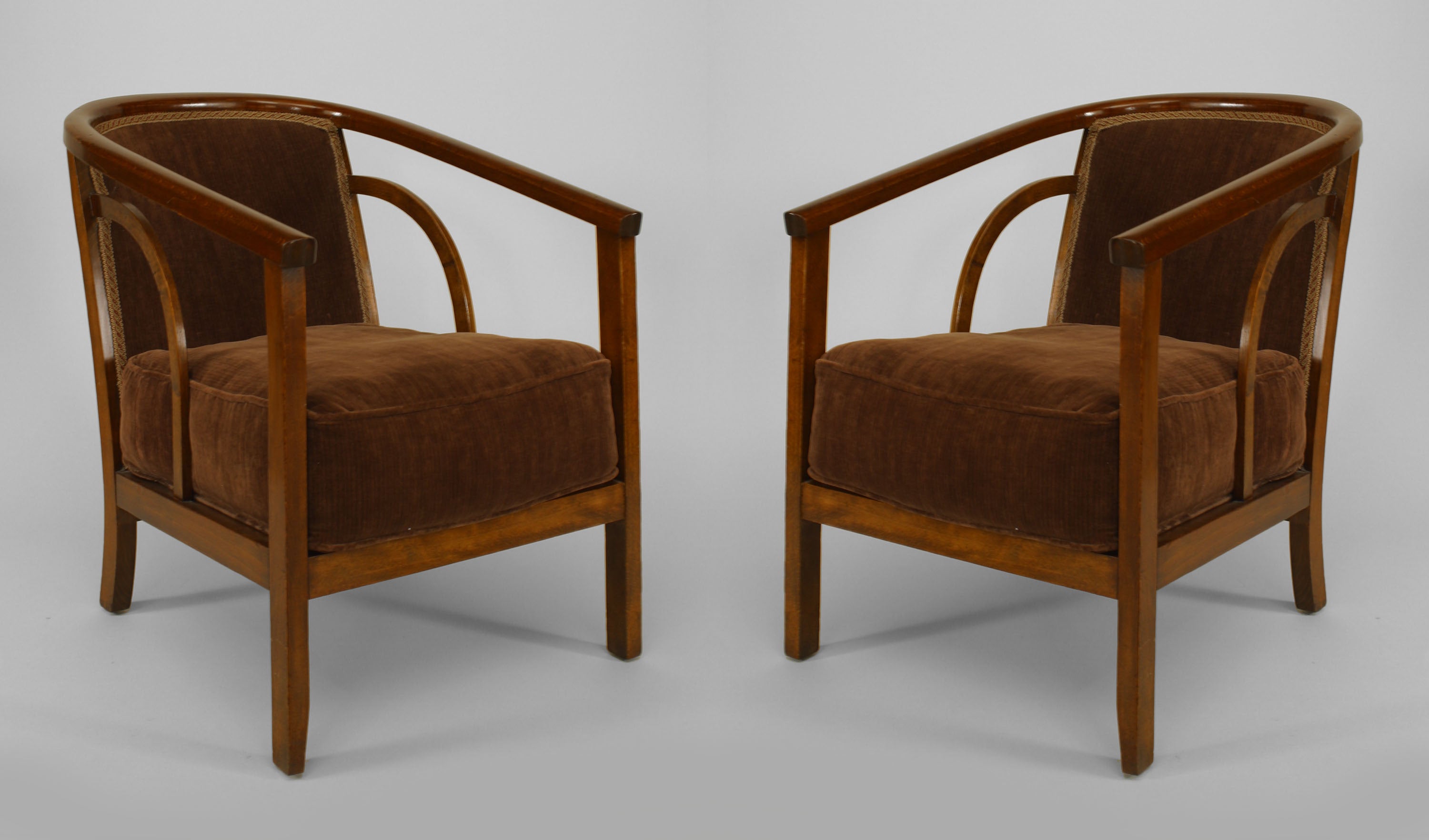 Pair of Mid-Century Beechwood Armchairs with Brown Velvet Upholstery 