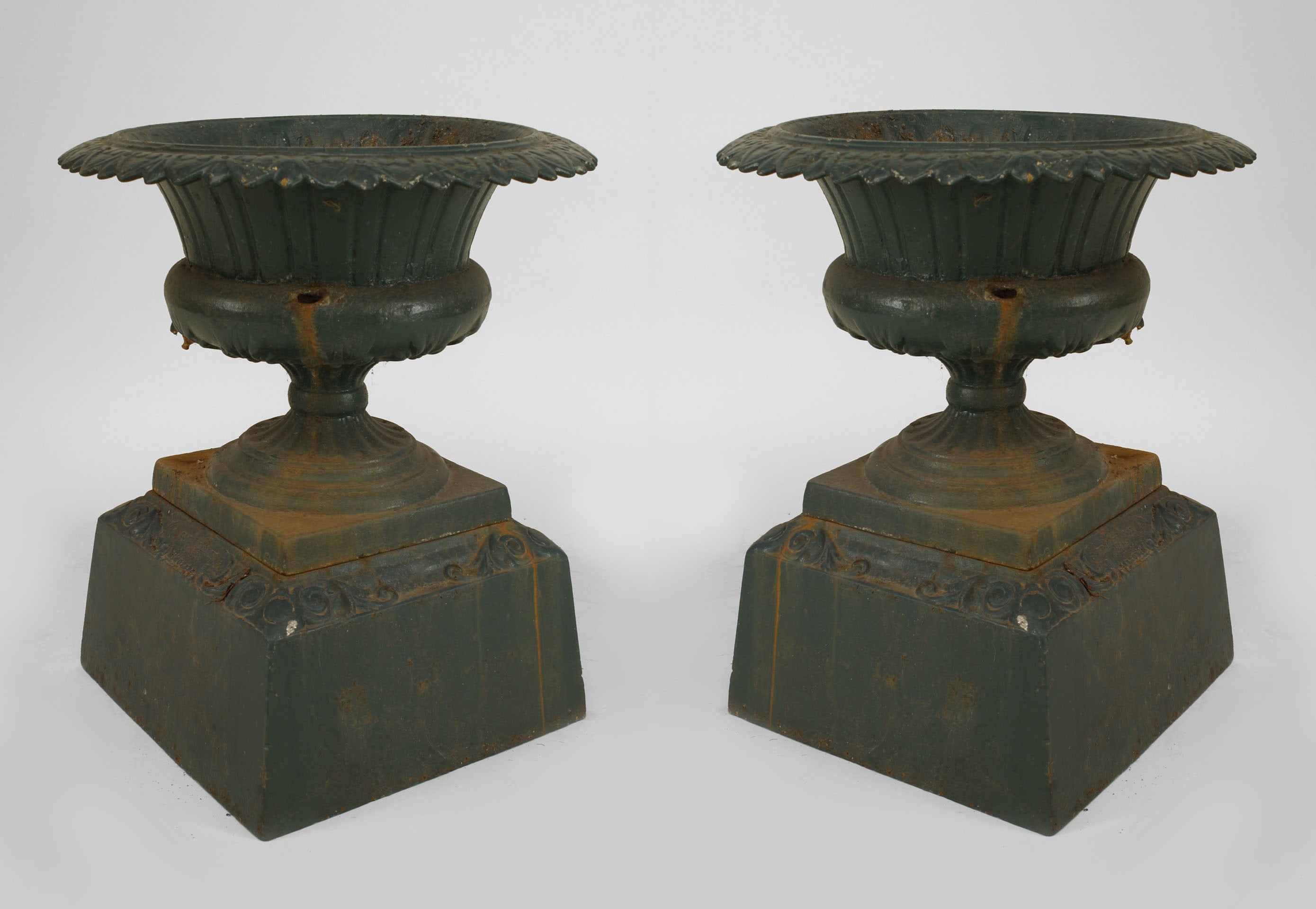Pair of Outdoor Green Painted Iron Urns
