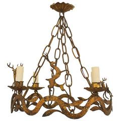 Continental Rustic Gilt Iron Chandelier with Deer