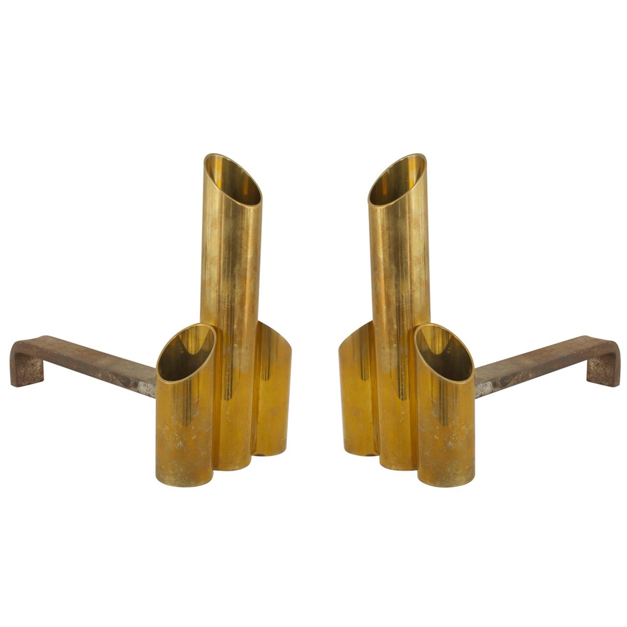 Pair of Post-War Brass Cylinder Andirons