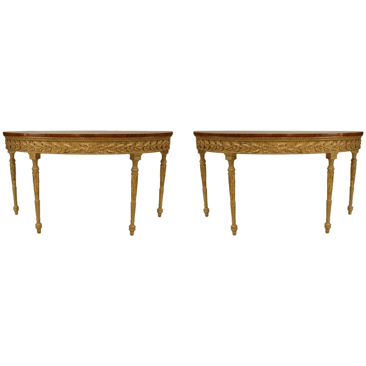 Pair of English Georgian Satinwood Demilune Console Tables