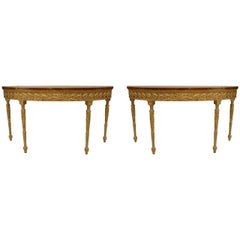 Pair of English Georgian Satinwood Demilune Console Tables