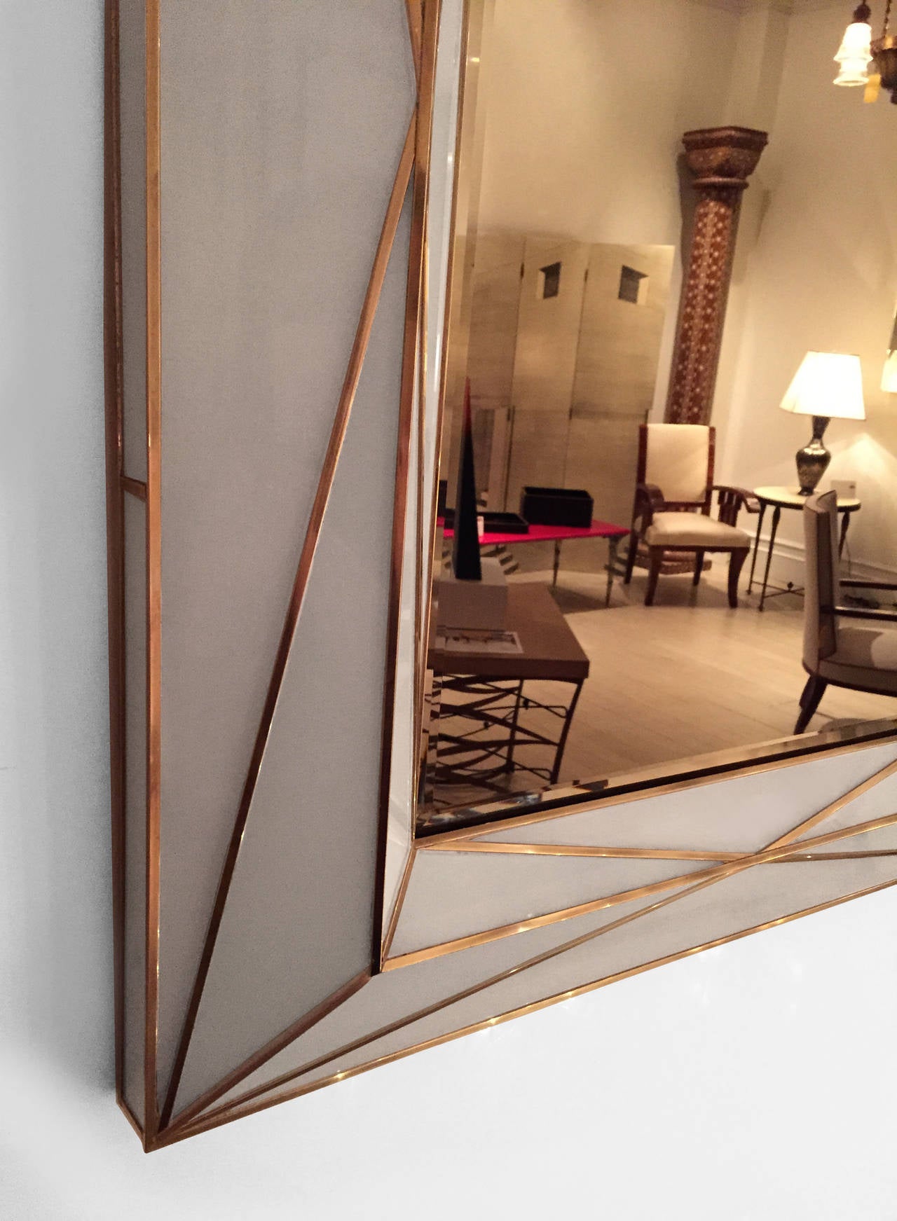 Contemporary Brass Inlaid And White Glass Mirror For At 1stdibs American Modern Contemporary Brass Inlaid And White Glass Mirror For