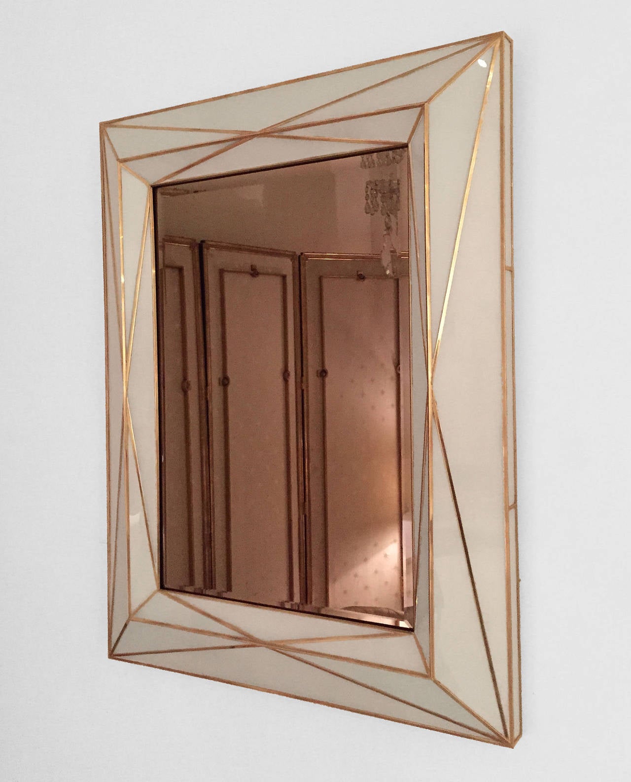 Contemporary Brass Inlaid And White Glass Mirror For At 1stdibs Modern American Mirror With White Colored Glass And Geometric Brass Inlay The Itself Is