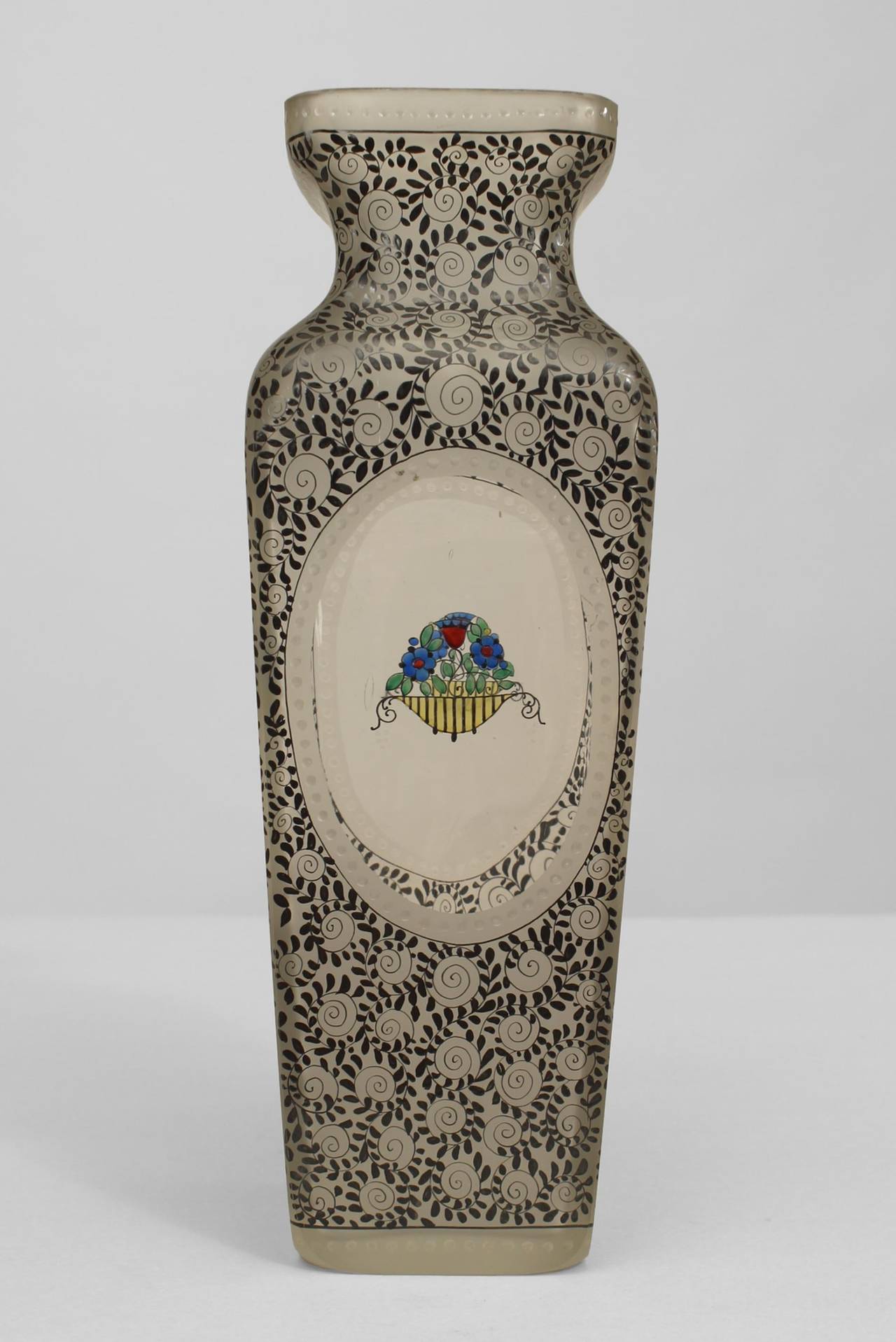 Austrian (Bohemia) Secessionist tapered square glass vase with black scroll & leaf design & oval panels with colored urn & flowers (att: Urban Janke & Ludwig Heinrich Jungnickel.
