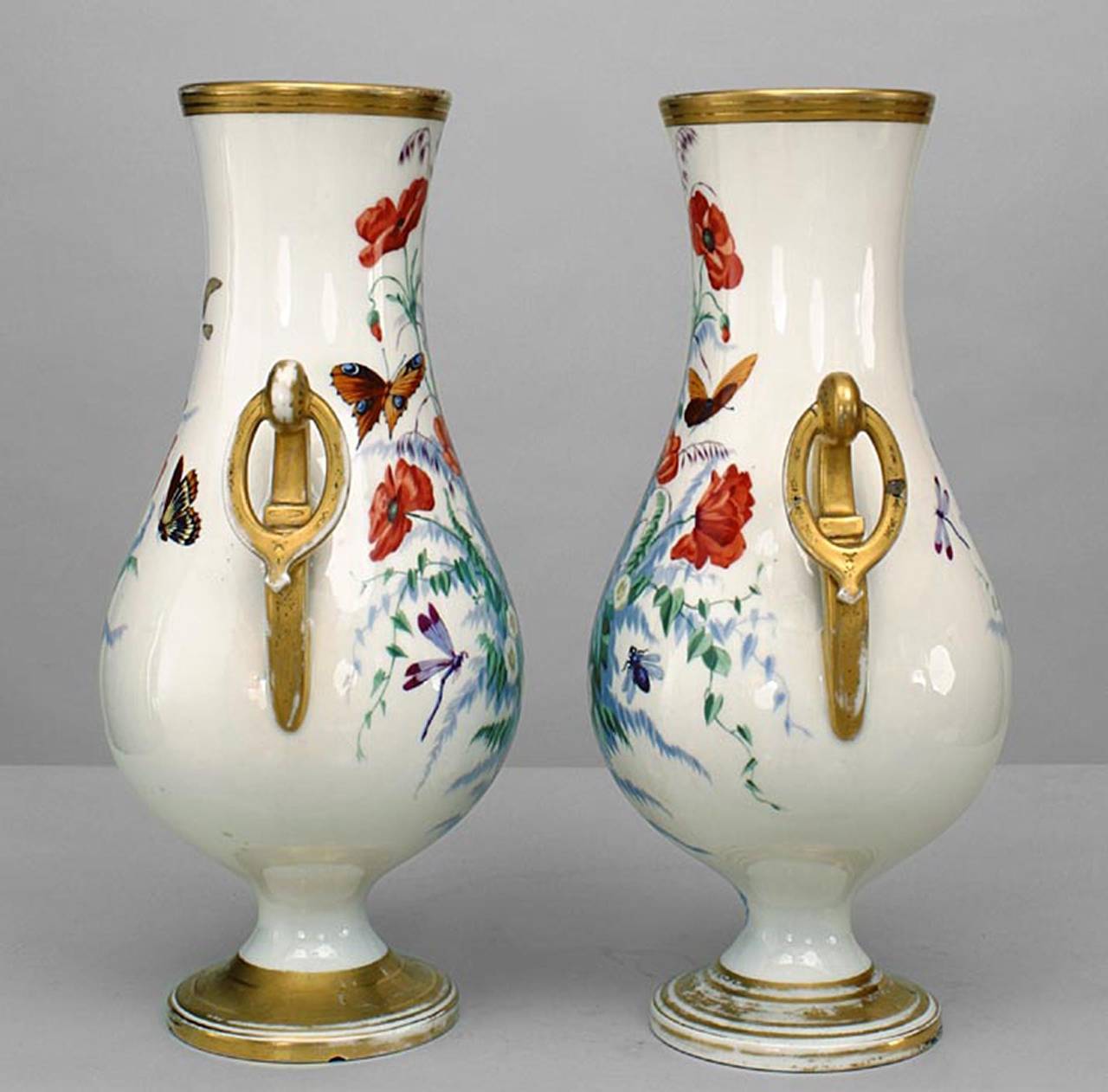 Painted Pair of 19th c. French Decorated White & Gold Porcelain Vases