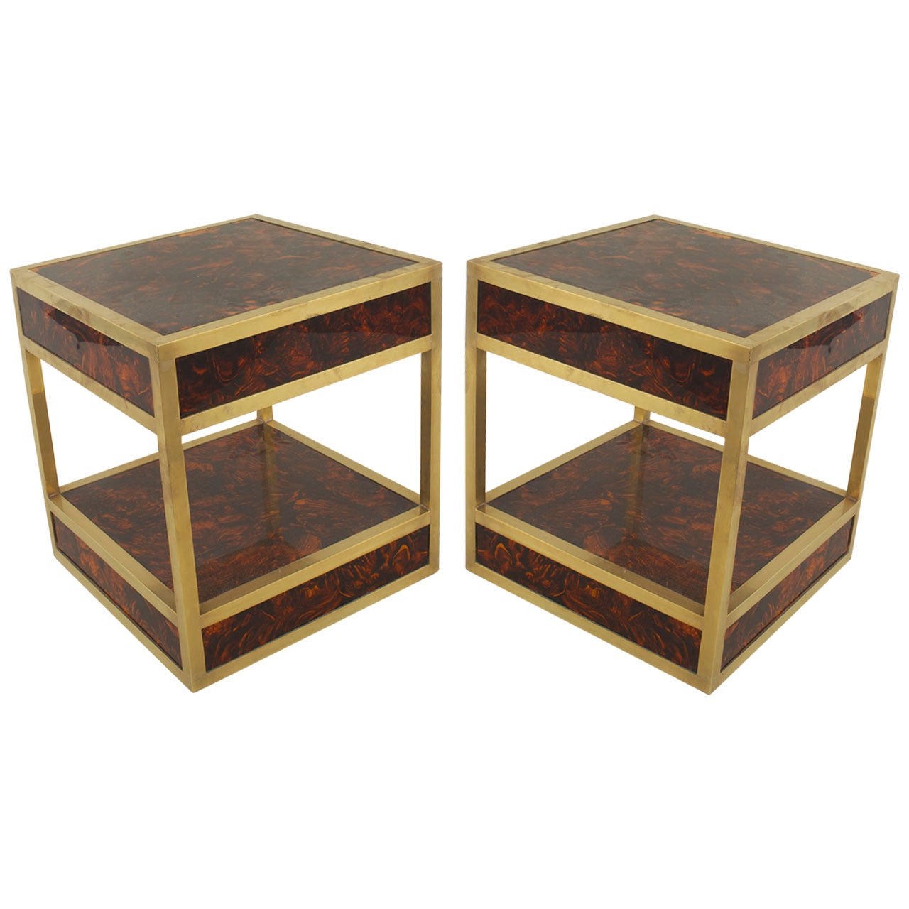 Pair of French Square Brass-Trimmed End Tables