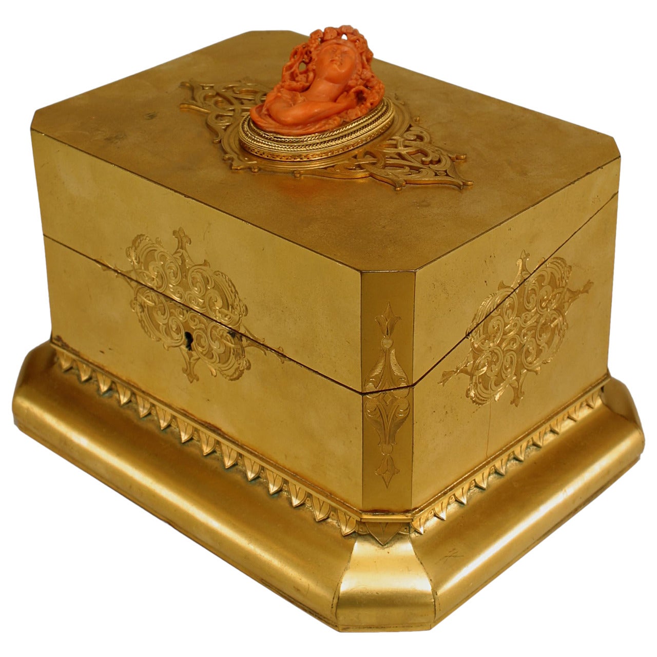 19th Century French Louis XV Style Bronze Dore Jewelry Box with Coral Cameo