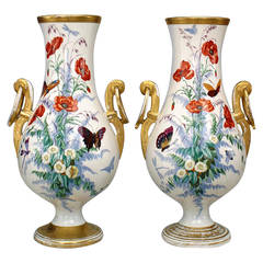 Pair of 19th c. French Decorated White & Gold Porcelain Vases
