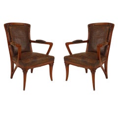Pair of French Art Nouveau Mahogany Arm Chairs by Majorelle
