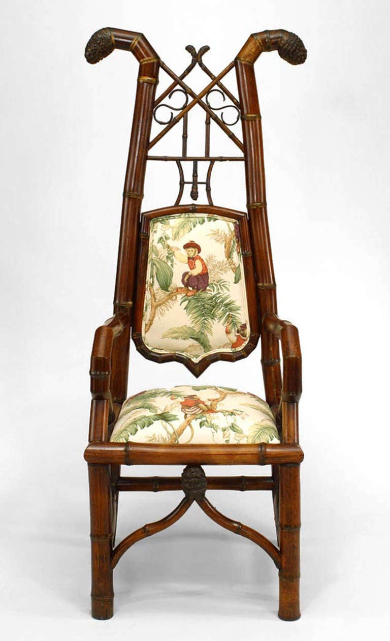 Chinese Regency Style Bamboo Upholstered Arm Chair For Sale