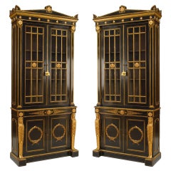 Pair of English Regency Black Lacquer and Gilt Bookcase Cabinets 6