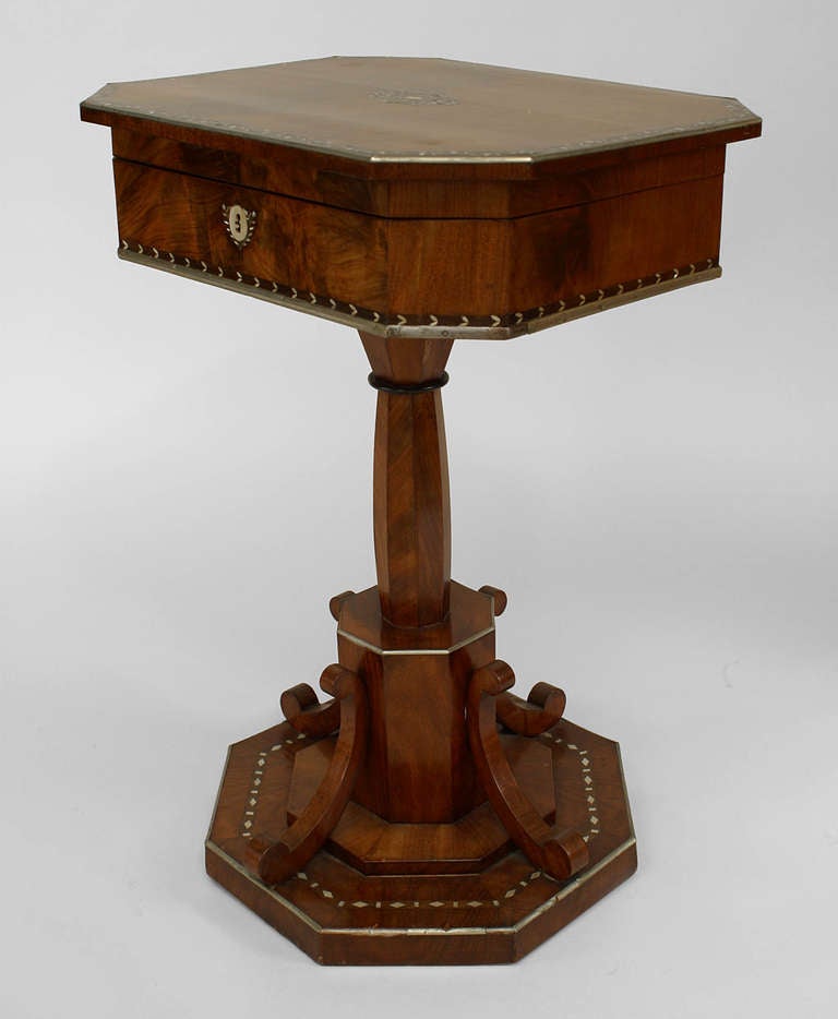 Nineteenth century Austrian Biedermeier walnut and pearl inlaid octagonal pedestal base end table with flip top sewing box interior (19th Cent)