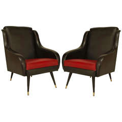 Pair of 1950's French Black and Red Upholstered Armchairs 1