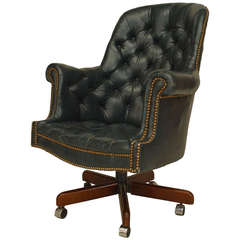 19th Century English Blue Tufted Leather Swivel Chair