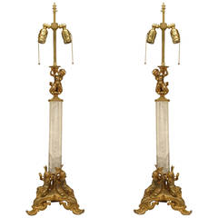 Vintage Pair of French Rock Crystal and Bronze Lamps