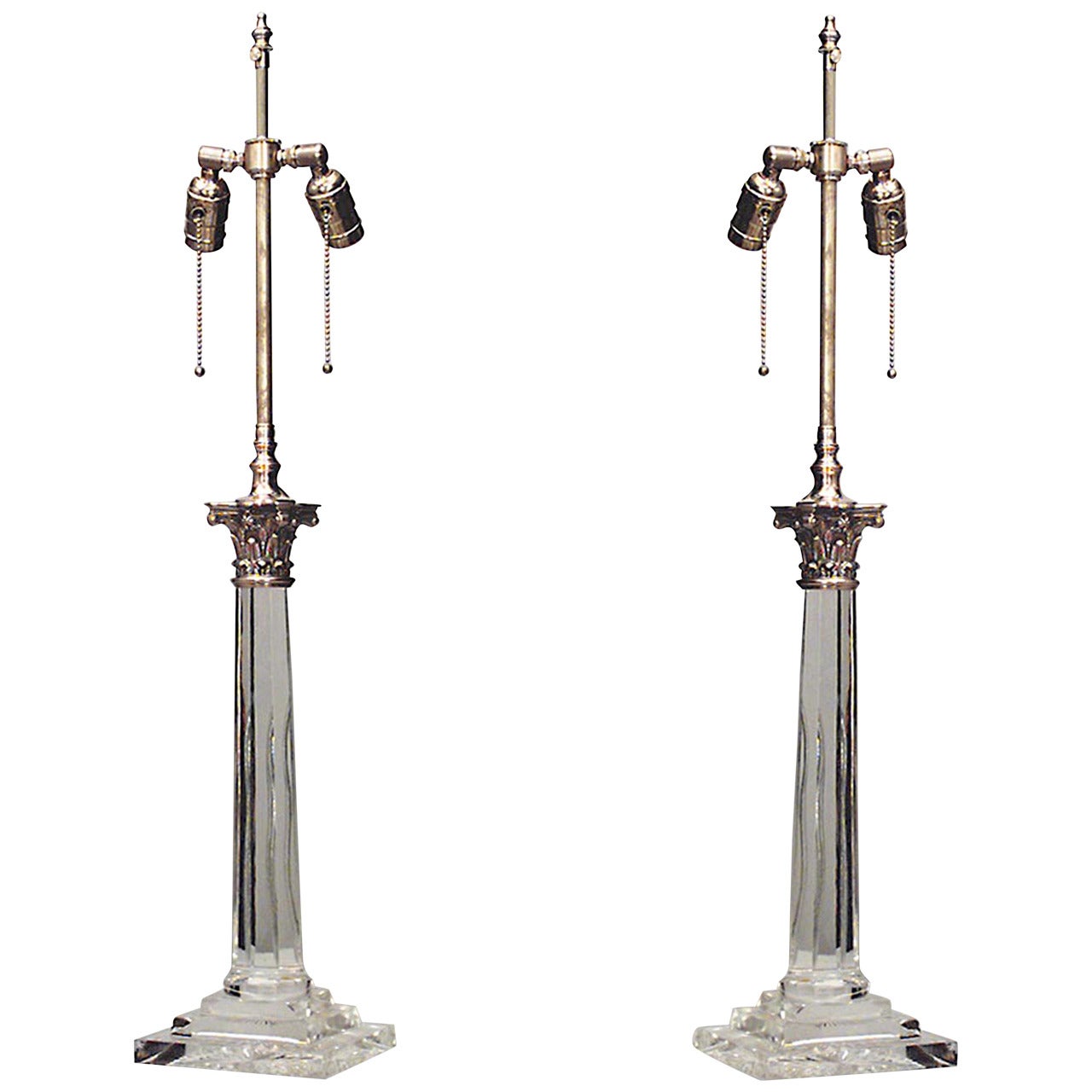 Pair of English Georgian Style Crystal Column Table Lamps