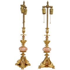 Pair of French Empire Bronze and Quartz Swan Table Lamps
