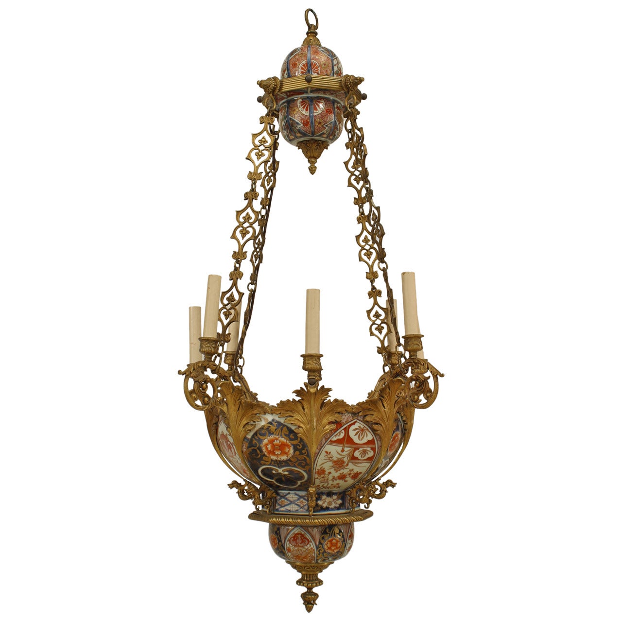 French Napoleon III Imari Porcelain and Bronze Dore Chandelier For Sale