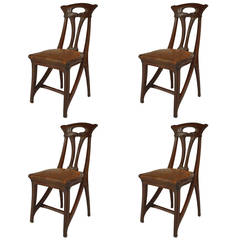 Set of Four French Art Nouveau Walnut and Leather Side Chairs by Gaillard 6