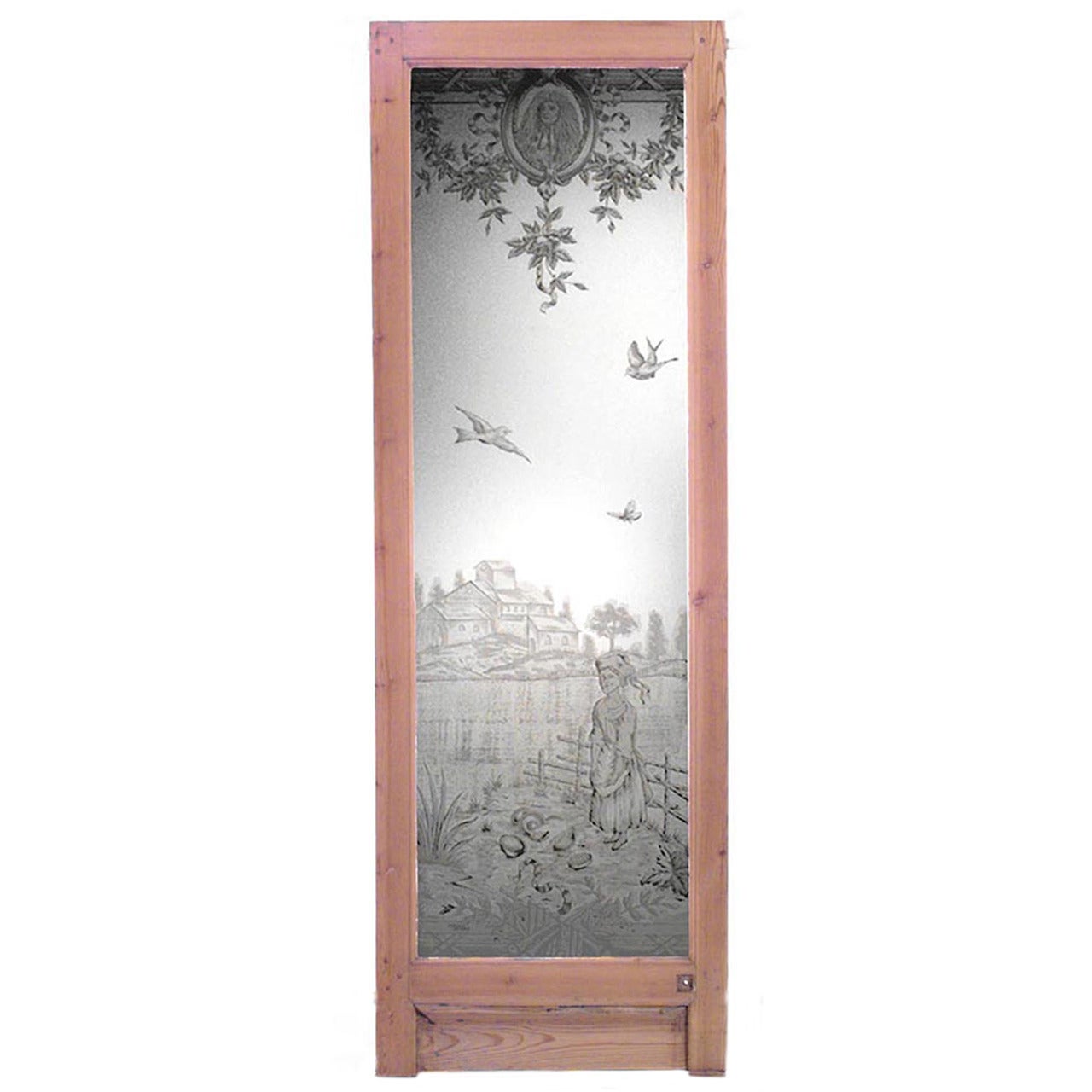 French Louis XVI Style Pine and Etched Glass Door For Sale
