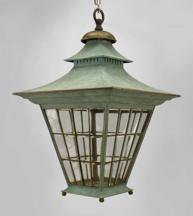 Three Large 48 Inch High Georgian Style Copper Hanging Lanterns