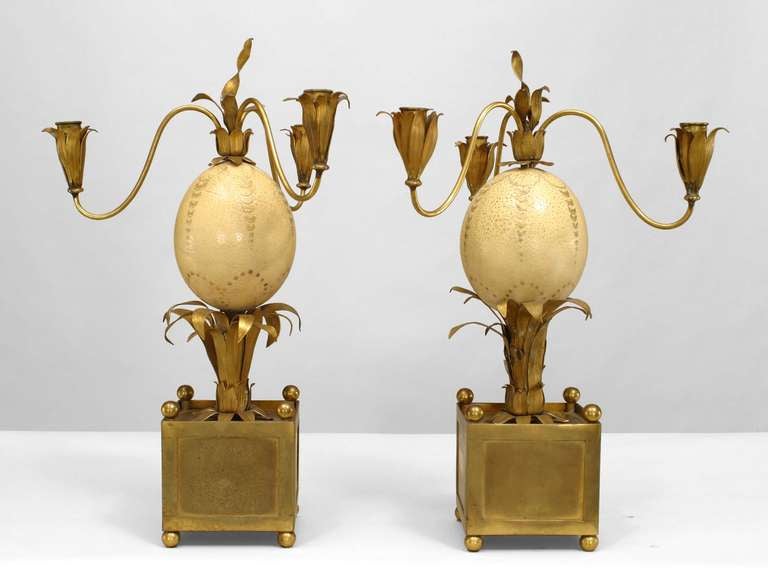 Pair of French Mid-Century Brass Palm and Ostrich Egg Candelabras In Excellent Condition For Sale In New York, NY