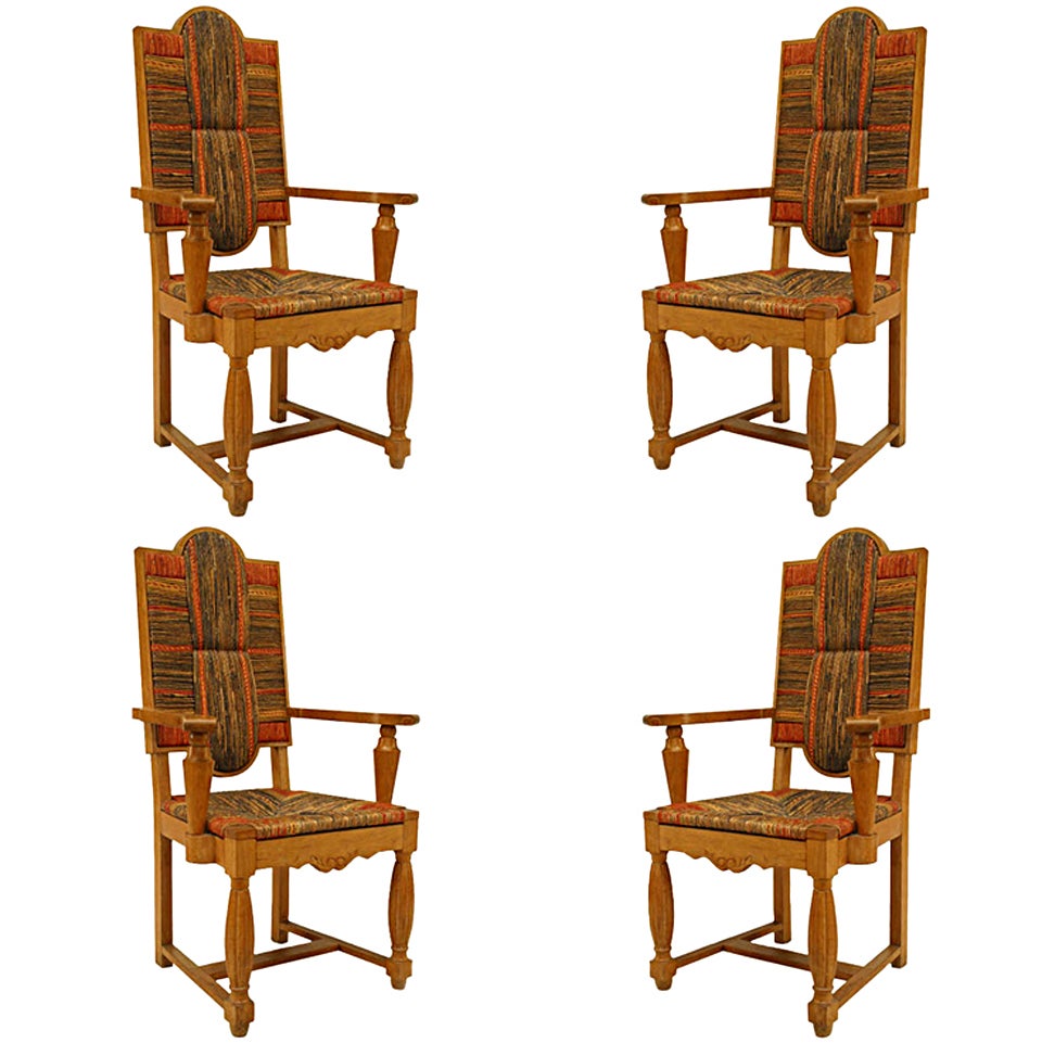 Two Pairs of French 1940s Oak and Sea Grass Arm Chairs