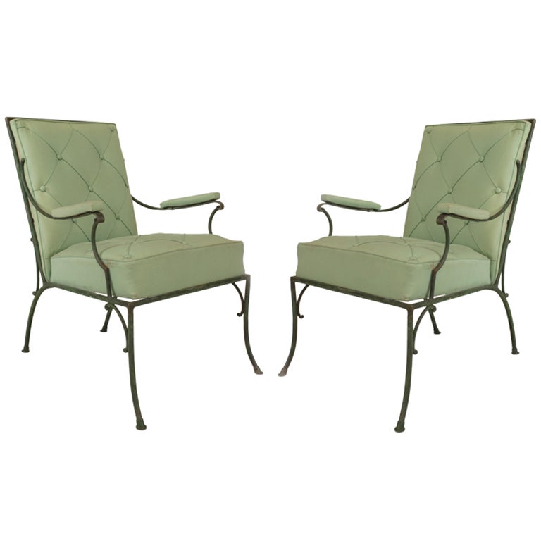 Pair of French Green Cushions Iron Armchairs For Sale