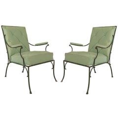 Pair of French Green Cushions Iron Armchairs