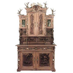 Monumental 19th c. Rustic German Oak Hutch With Horn and Carved Animal Ornament 6