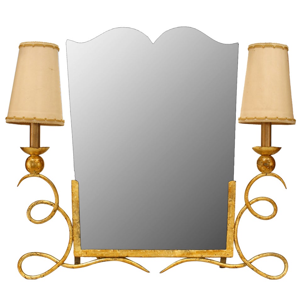 Art Deco Lamp-Flanked Vanity Mirror attributed to Rene Drouet 