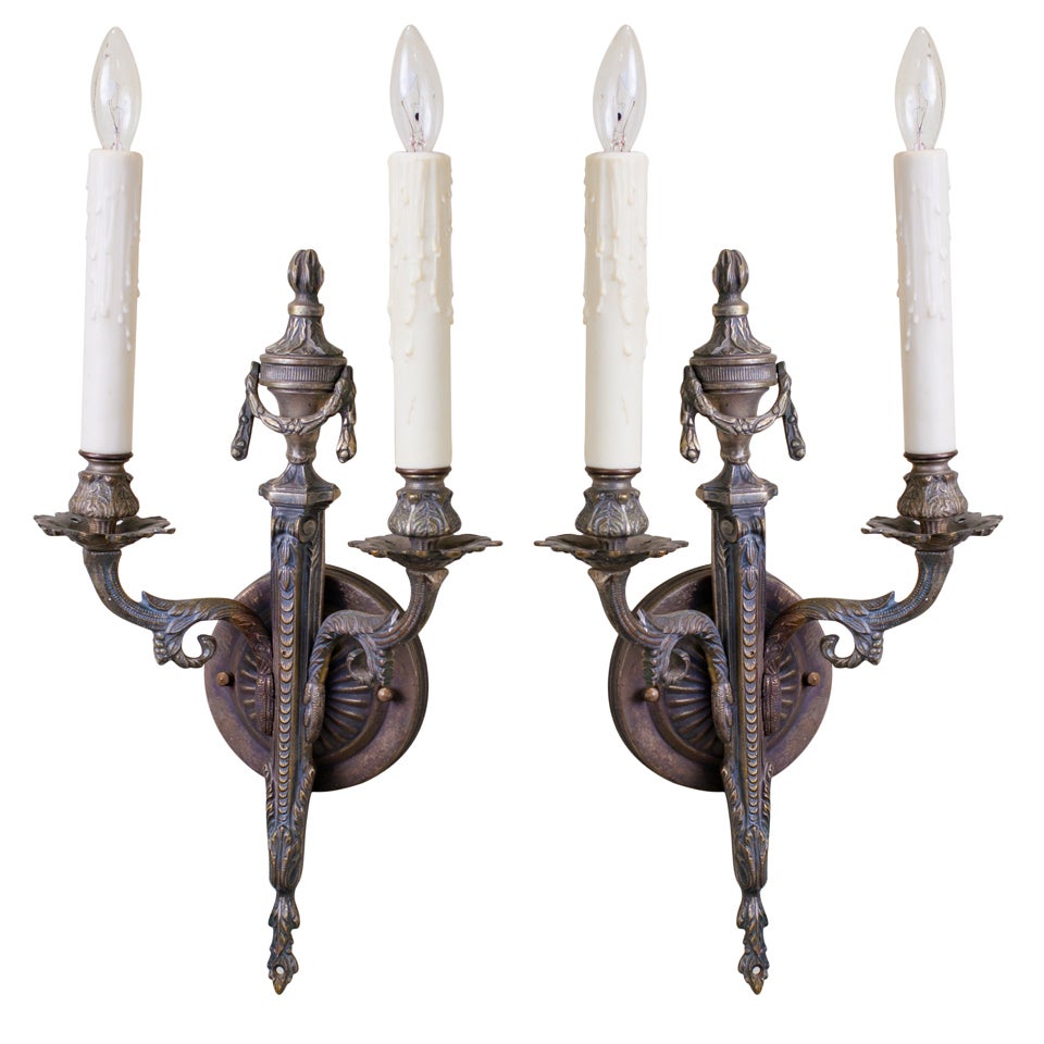 Pair French Two-Arm Empire-Style Bronze Sconces with Urn and Swag Detail For Sale