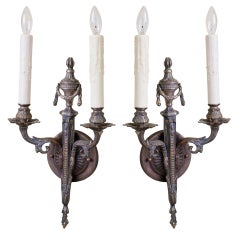 Pair French Two-Arm Empire-Style Bronze Sconces with Urn and Swag Detail