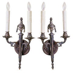 Pair of Antique French Two-Arm Empire-Style Bronze Sconces with Urn and Swag 9