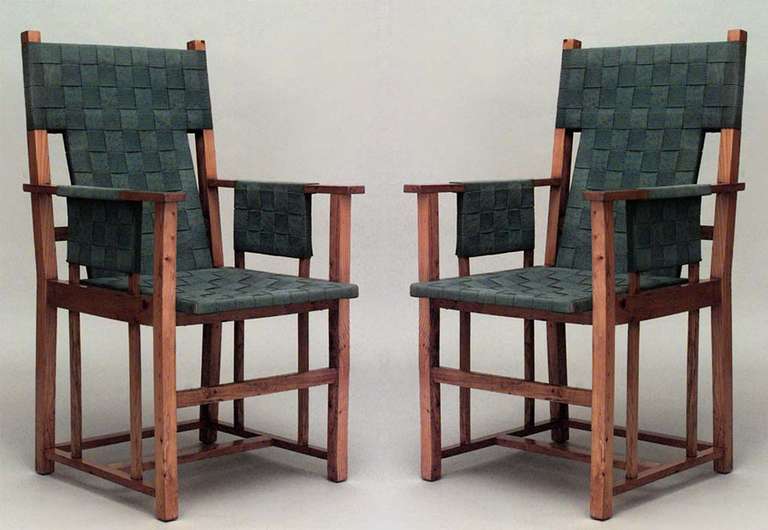 20th Century Set of 4 English Arts & Crafts Green Arm Chairs For Sale