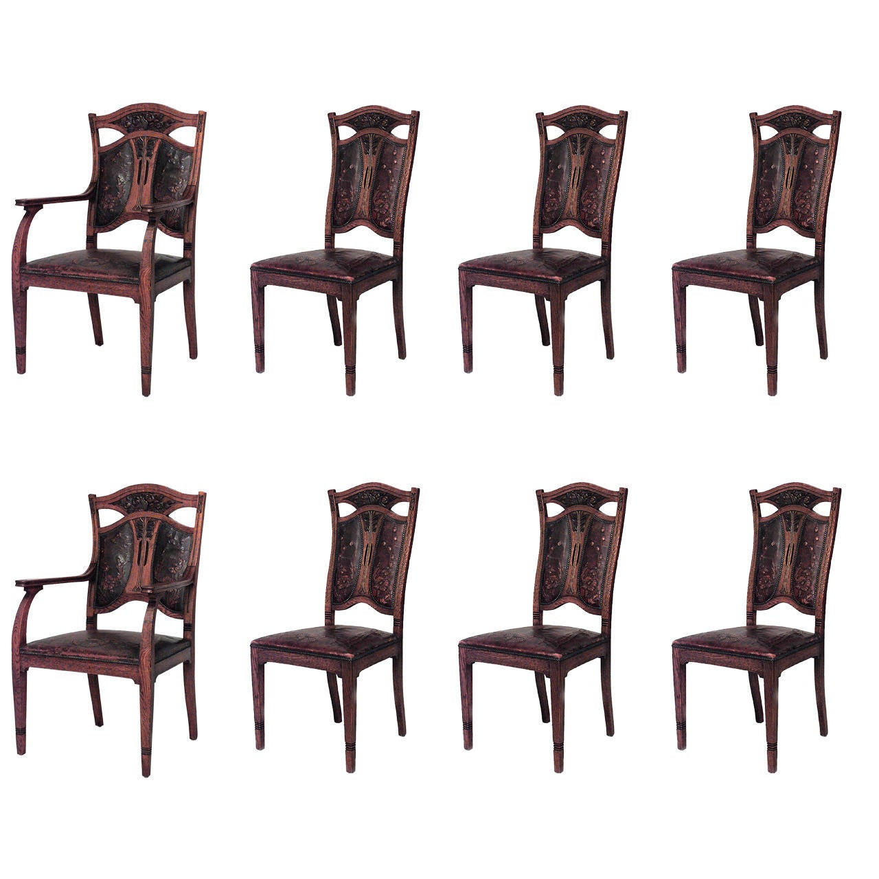 Set of Eight (8) Belgian Art Nouveau Oak and Leather Dining Chairs For