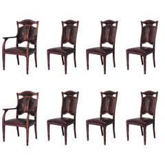 Set of Eight (8) Belgian Art Nouveau Oak & Leather Dining Chairs 2