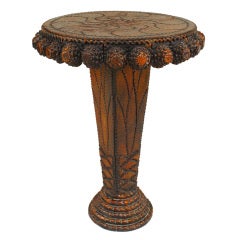 Rustic Continental Tramp Art Style Pedestal End Table