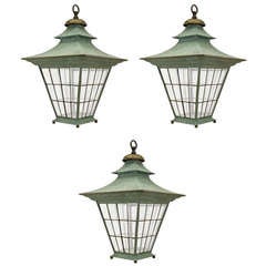 Three Large 48 Inch High Georgian Style Copper Hanging Lanterns
