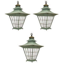 Antique Three Large 48 Inch High Georgian Style Copper Hanging Lanterns