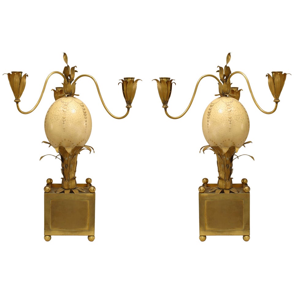 Pair of French Mid-Century Brass Palm and Ostrich Egg Candelabras