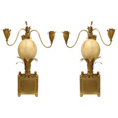 Vintage Pair of French Mid-Century Brass Palm and Ostrich Egg Candelabras