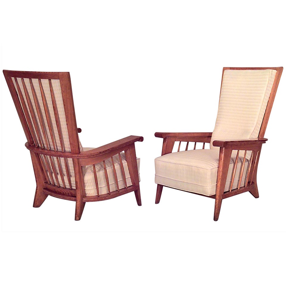 Pair of French Jacques Adnet Oak Upholstered Armchairs For Sale