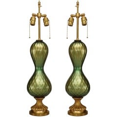 Pair of 1950's Brass and Green Iridescent Murano Glass Table Lamps By Seguso