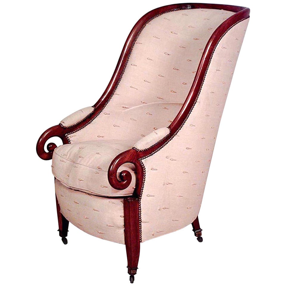 19th Century English Regency Style Upholstered Walnut Club Chair