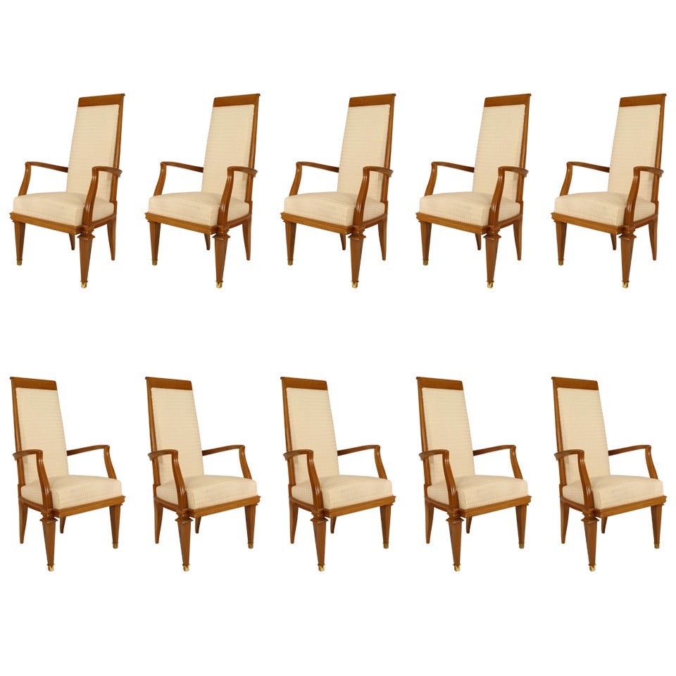 Set of 10 French White Muslin Arm Chairs